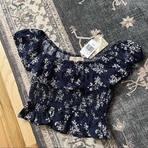 BOG Collective NWT Blue Floral Smocked Crop Off Shoulder Ruffle Blouse Top Small